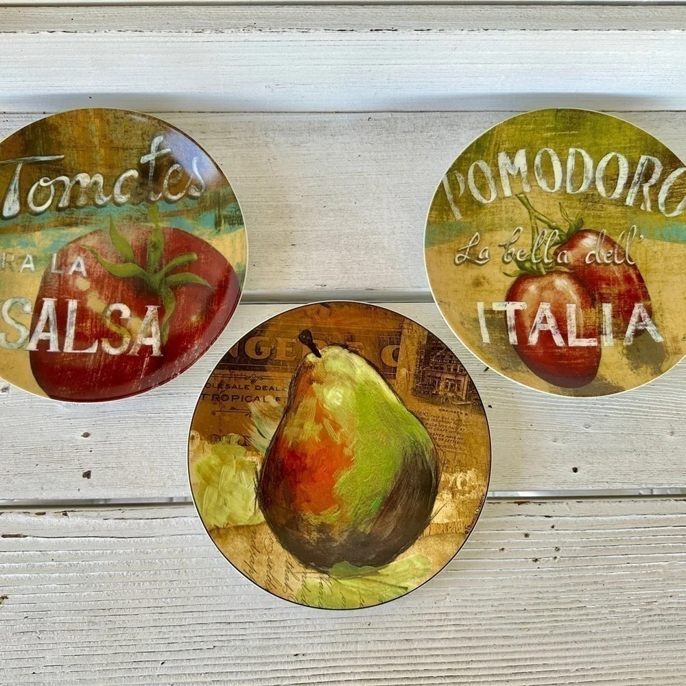 3-8 1/4” DECORATIVE FRUIT, CHINA PLATES. COLORFUL FARMHOUSE PLATES.